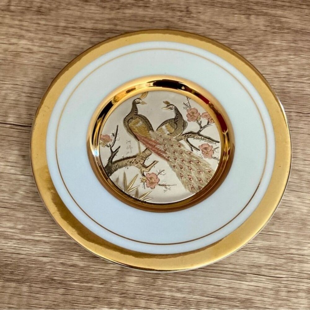 Vintage Chokin Peacock Art Plate 24K Gold Made in Japan